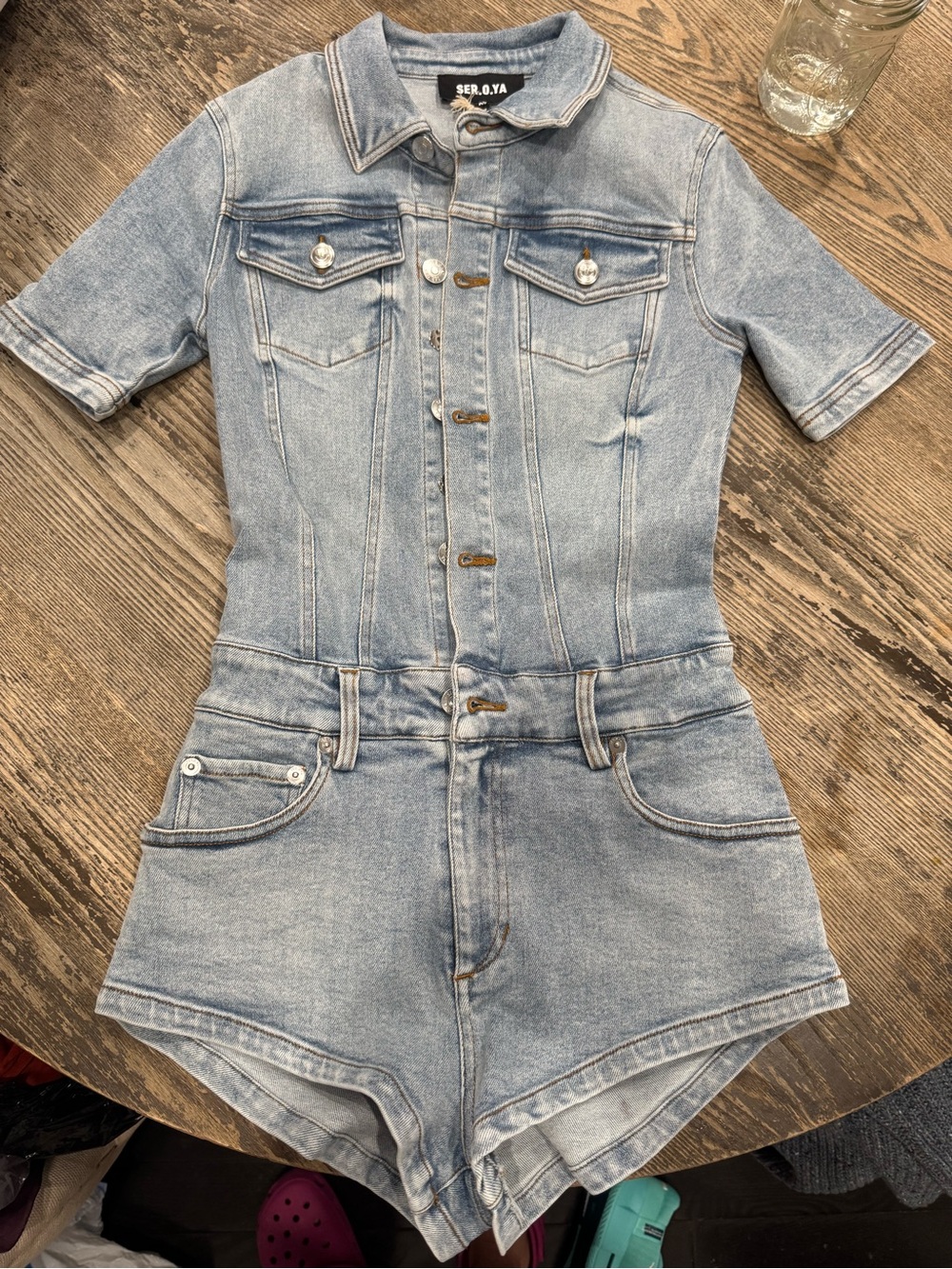 SER.O.YA Light Blue Denim Short Romper with Front Buttons